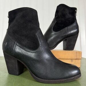 Frye TESSA Mixed Media Cowboy Heeled Short Boots in Black Leather & Suede